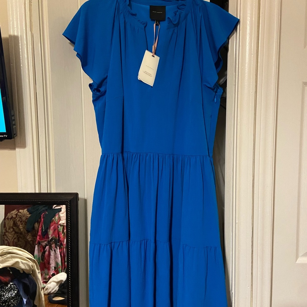 Alex Marie Blue Midi Sundress with Flutter Sleeves and Ruched Tie Front